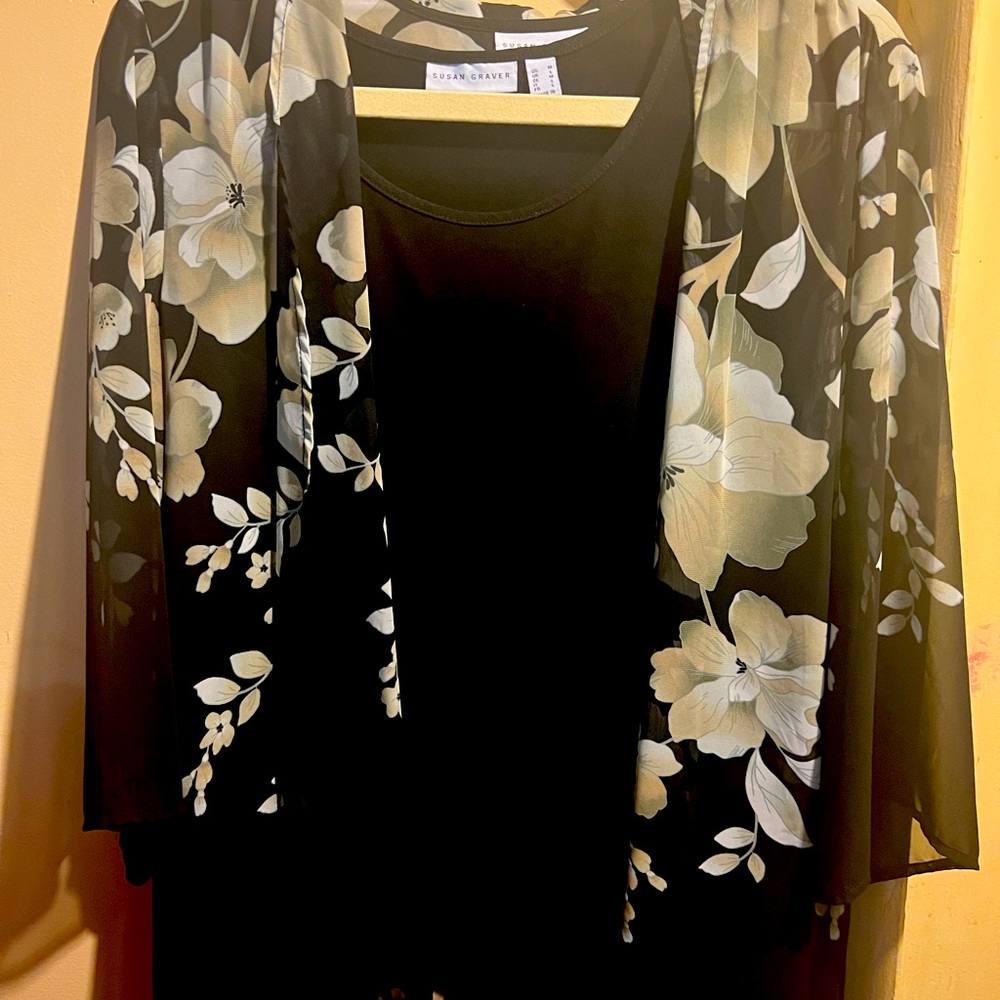 Susan Graver black and gray sheer floral sheer cardigan w/ matching tank top